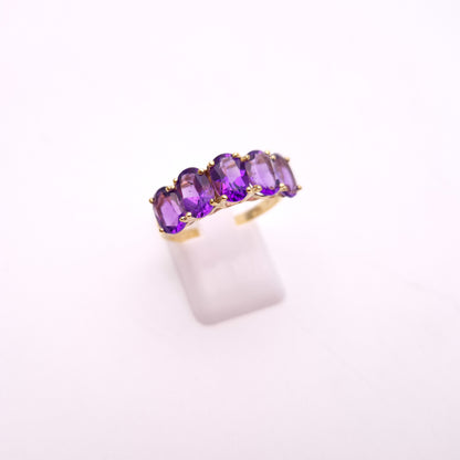 9ct Yellow Gold Oval Cut Amethyst Five Stone Row Ring