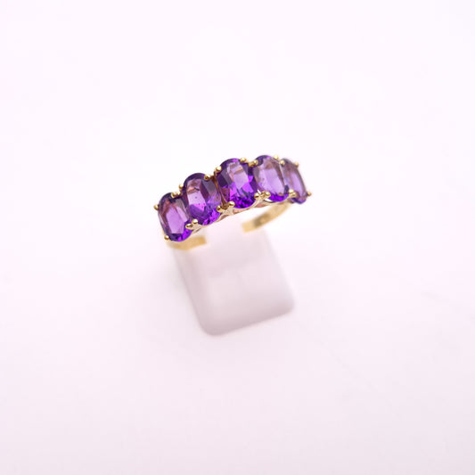 9ct Yellow Gold Oval Cut Amethyst Five Stone Row Ring