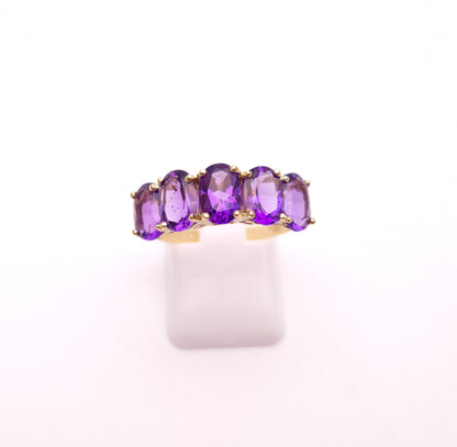 9ct Yellow Gold Oval Cut Amethyst Five Stone Row Ring