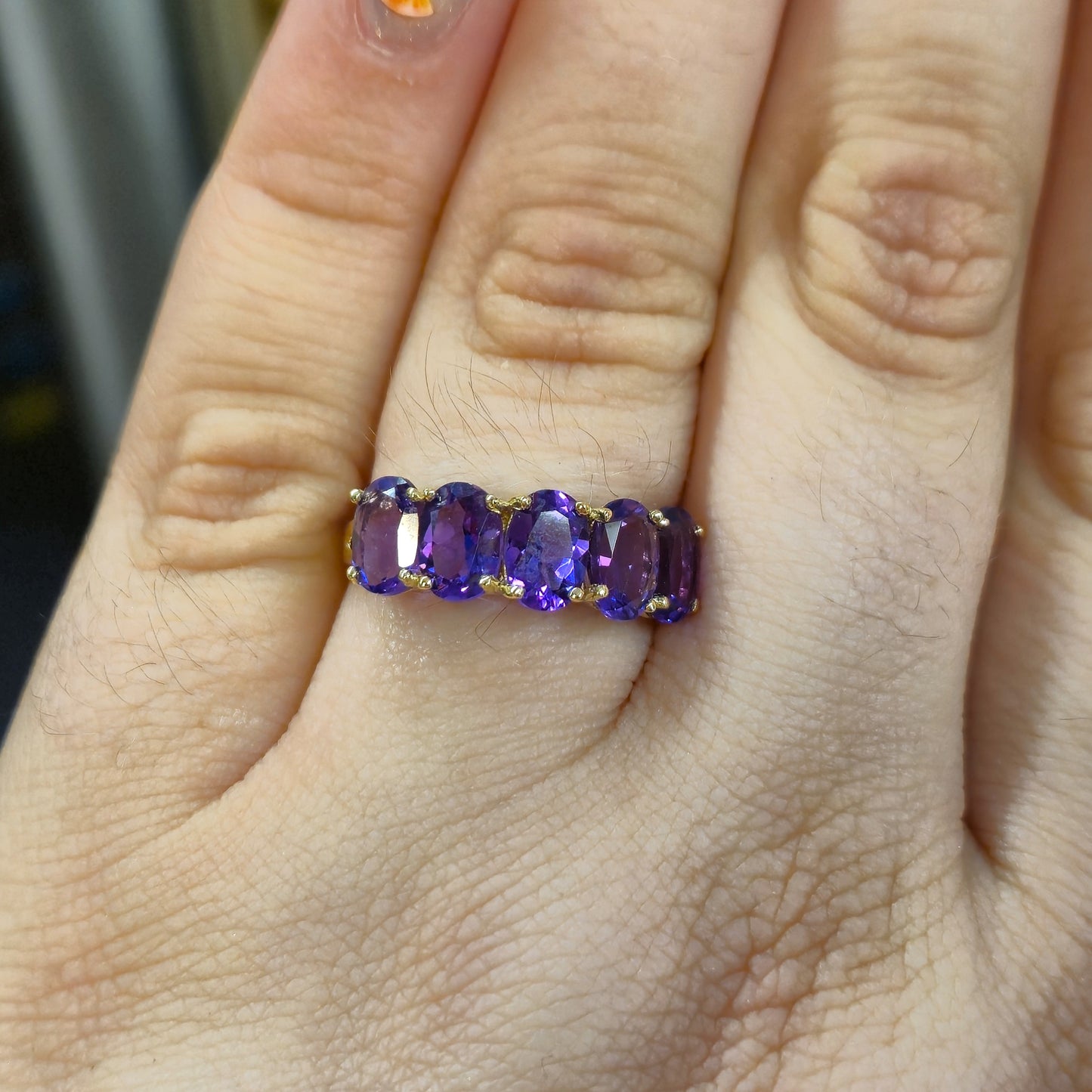 9ct Yellow Gold Oval Cut Amethyst Five Stone Row Ring