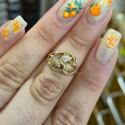 9ct Two Tone Yellow and Rose Gold Leaf Patterned Openwork Ring