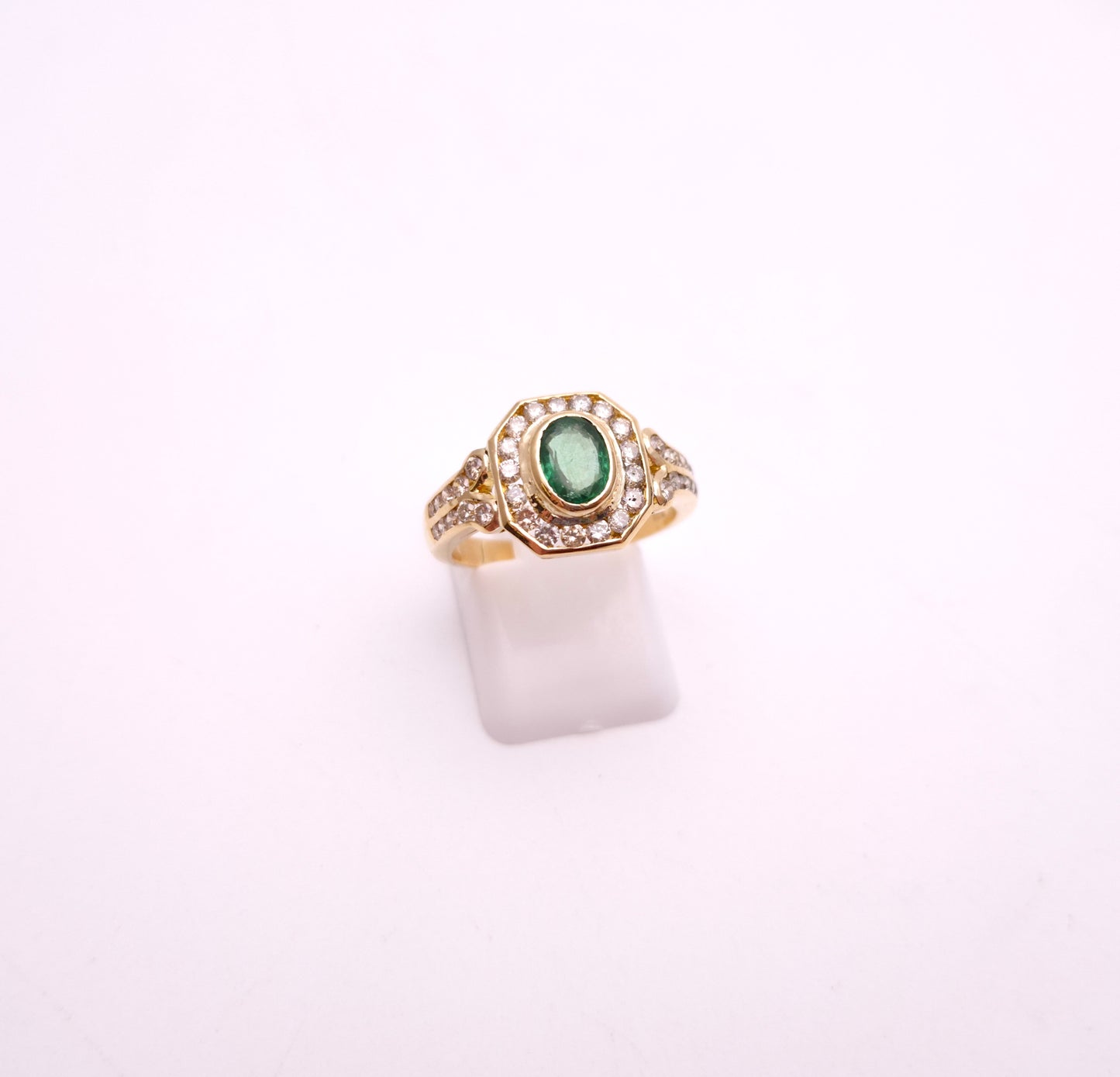 18ct Yellow Gold Emerald and Octagonal Diamond Halo Deco Style Cluster Ring