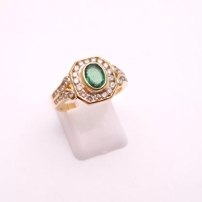 18ct Yellow Gold Emerald and Octagonal Diamond Halo Deco Style Cluster Ring