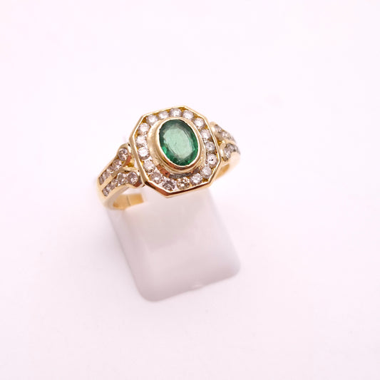 18ct Yellow Gold Emerald and Octagonal Diamond Halo Deco Style Cluster Ring
