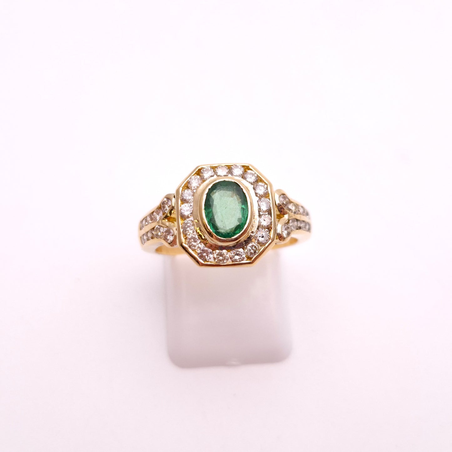 18ct Yellow Gold Emerald and Octagonal Diamond Halo Deco Style Cluster Ring