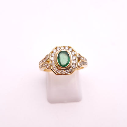 18ct Yellow Gold Emerald and Octagonal Diamond Halo Deco Style Cluster Ring