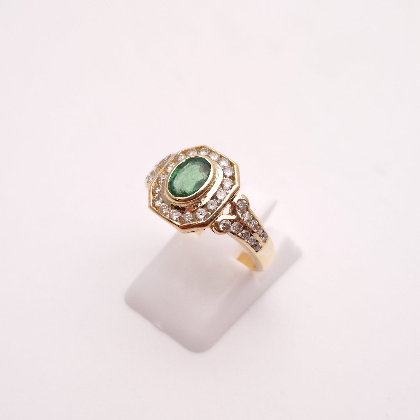 18ct Yellow Gold Emerald and Octagonal Diamond Halo Deco Style Cluster Ring