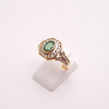 18ct Yellow Gold Emerald and Octagonal Diamond Halo Deco Style Cluster Ring