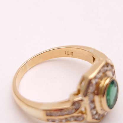 18ct Yellow Gold Emerald and Octagonal Diamond Halo Deco Style Cluster Ring