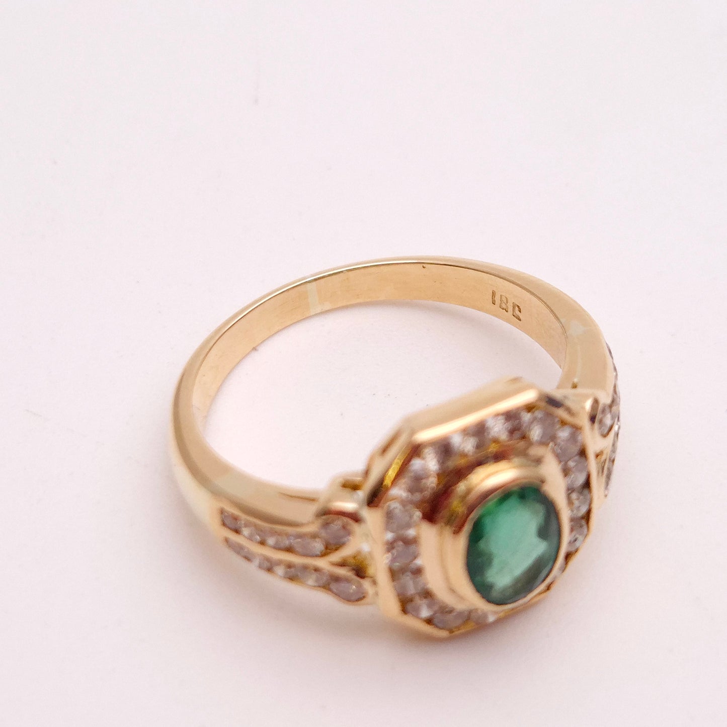 18ct Yellow Gold Emerald and Octagonal Diamond Halo Deco Style Cluster Ring