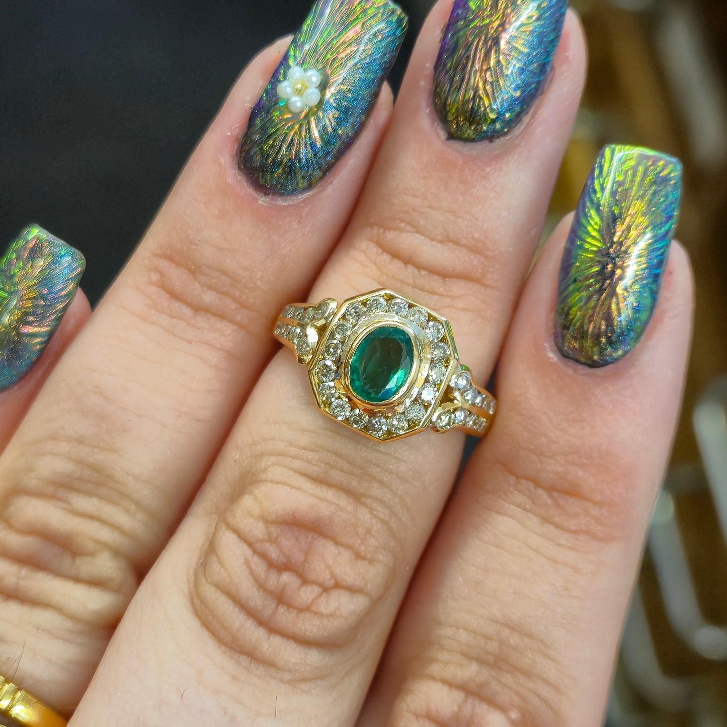 18ct Yellow Gold Emerald and Octagonal Diamond Halo Deco Style Cluster Ring