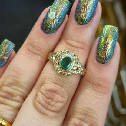18ct Yellow Gold Emerald and Octagonal Diamond Halo Deco Style Cluster Ring