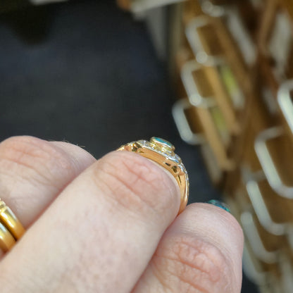 18ct Yellow Gold Emerald and Octagonal Diamond Halo Deco Style Cluster Ring