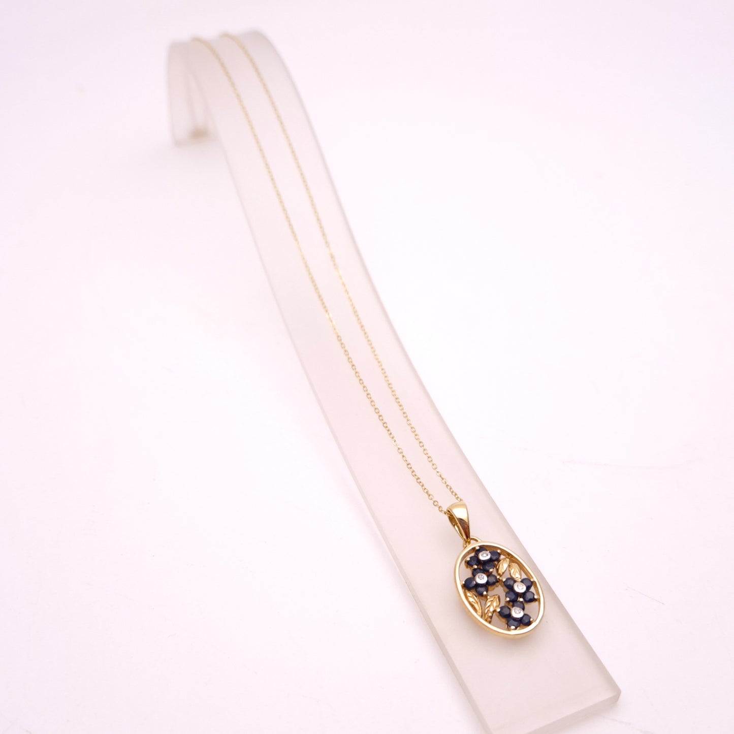 9ct Yellow Gold Sapphire and Diamond Oval Floral Panel Pendant & Chain Necklace
