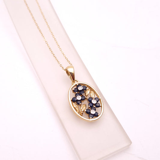 9ct Yellow Gold Sapphire and Diamond Oval Floral Panel Pendant & Chain Necklace