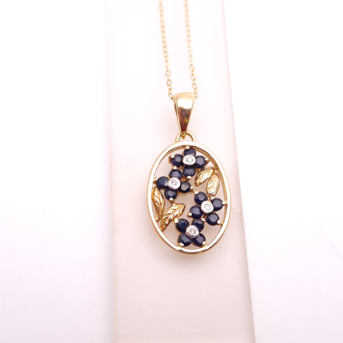 9ct Yellow Gold Sapphire and Diamond Oval Floral Panel Pendant & Chain Necklace