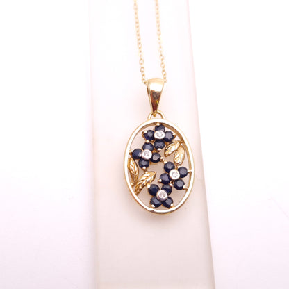 9ct Yellow Gold Sapphire and Diamond Oval Floral Panel Pendant & Chain Necklace