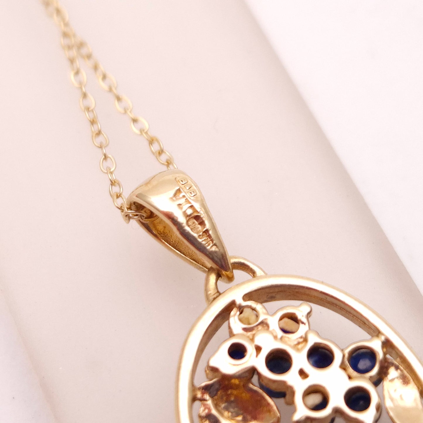 9ct Yellow Gold Sapphire and Diamond Oval Floral Panel Pendant & Chain Necklace
