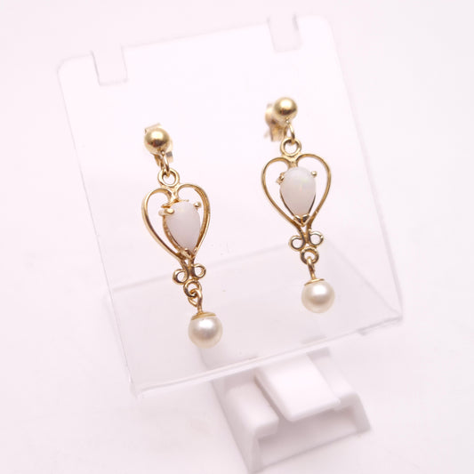 9ct Yellow Gold Opal and Pearl Drop Earrings