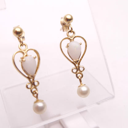9ct Yellow Gold Opal and Pearl Drop Earrings