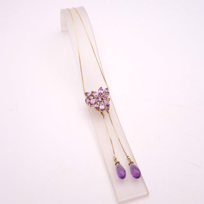 9ct Yellow Gold Amethyst Cluster Lariat Pendant with Removeable Briolette Drops