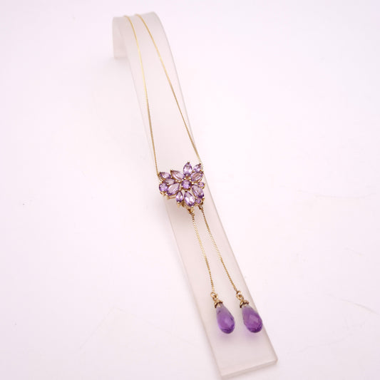 9ct Yellow Gold Amethyst Cluster Lariat Pendant with Removeable Briolette Drops