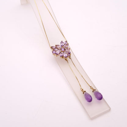 9ct Yellow Gold Amethyst Cluster Lariat Pendant with Removeable Briolette Drops