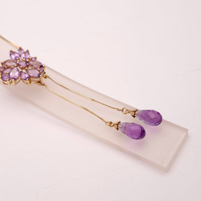 9ct Yellow Gold Amethyst Cluster Lariat Pendant with Removeable Briolette Drops