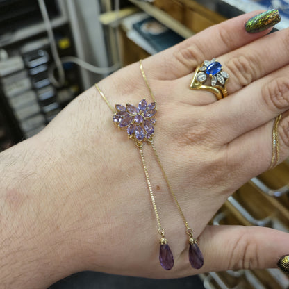 9ct Yellow Gold Amethyst Cluster Lariat Pendant with Removeable Briolette Drops