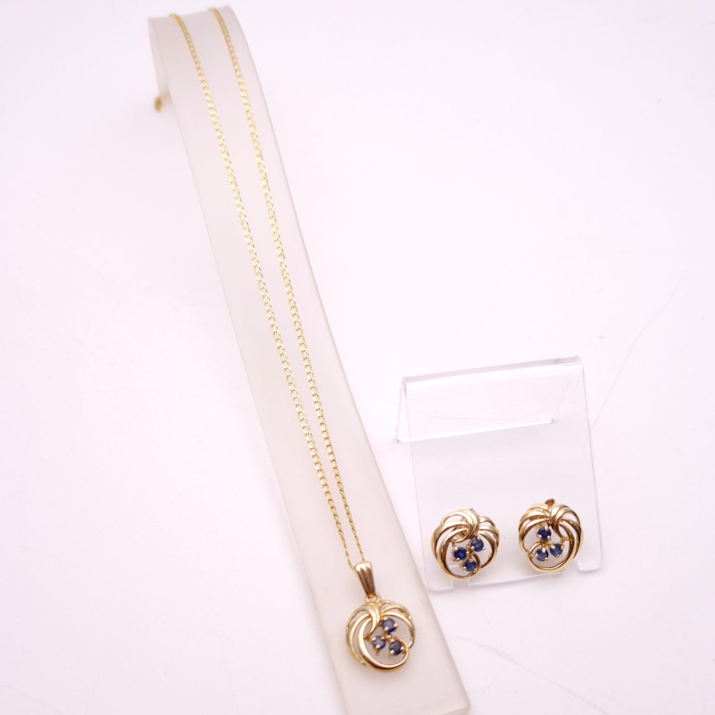 9ct Yellow Gold Sapphire Openwork Swirly Necklace and Earring Set