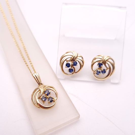 9ct Yellow Gold Sapphire Openwork Swirly Necklace and Earring Set