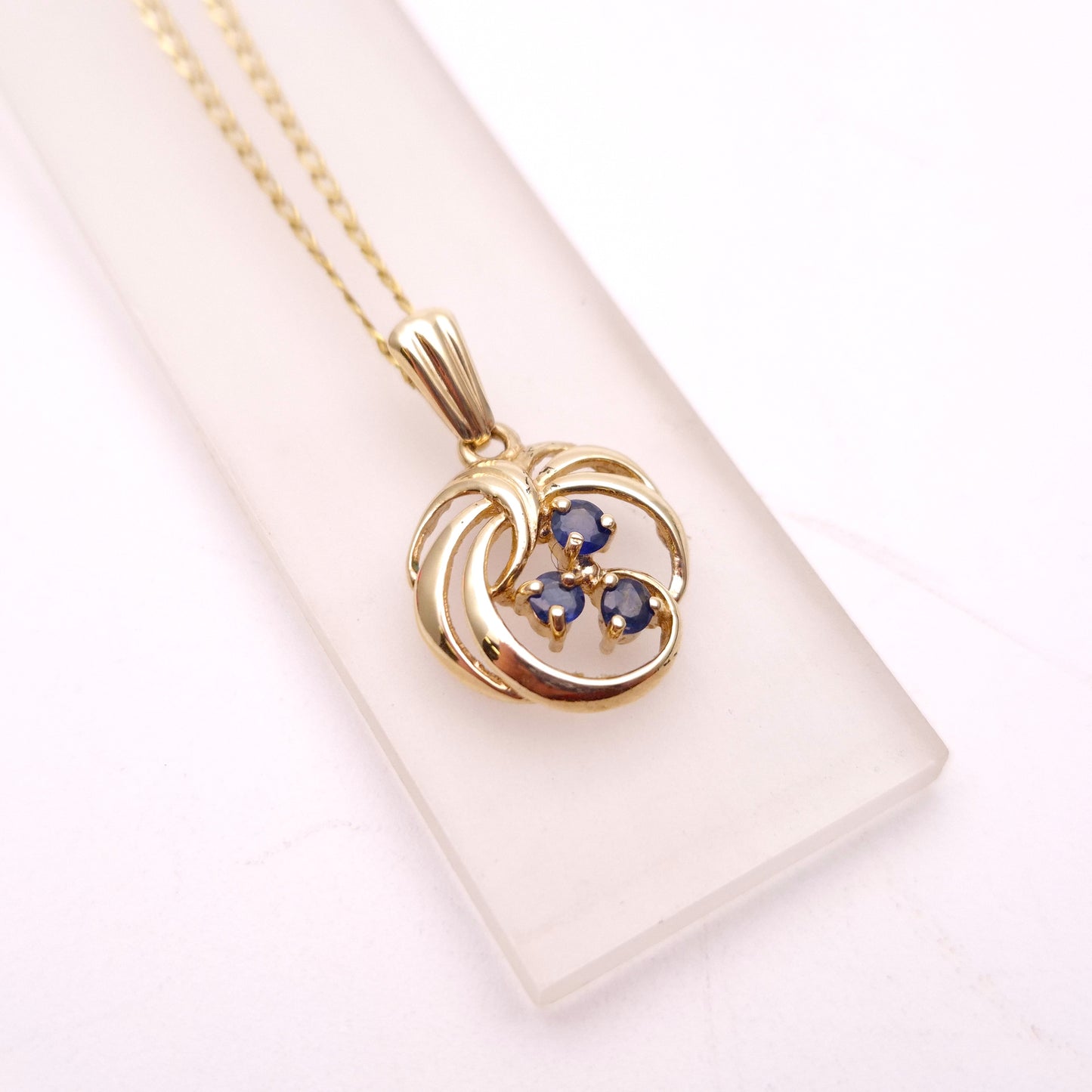 9ct Yellow Gold Sapphire Openwork Swirly Necklace and Earring Set