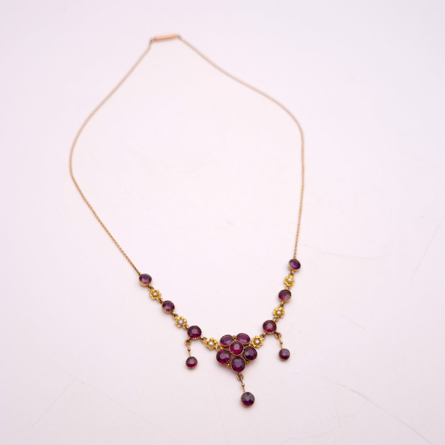 9ct Yellow Gold Antique Garnet and Pearl Flower Floral Necklace