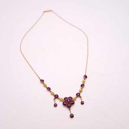 9ct Yellow Gold Antique Garnet and Pearl Flower Floral Necklace