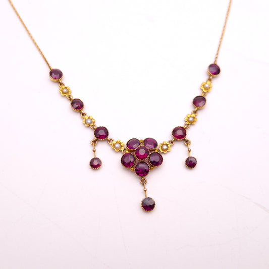 9ct Yellow Gold Antique Garnet and Pearl Flower Floral Necklace