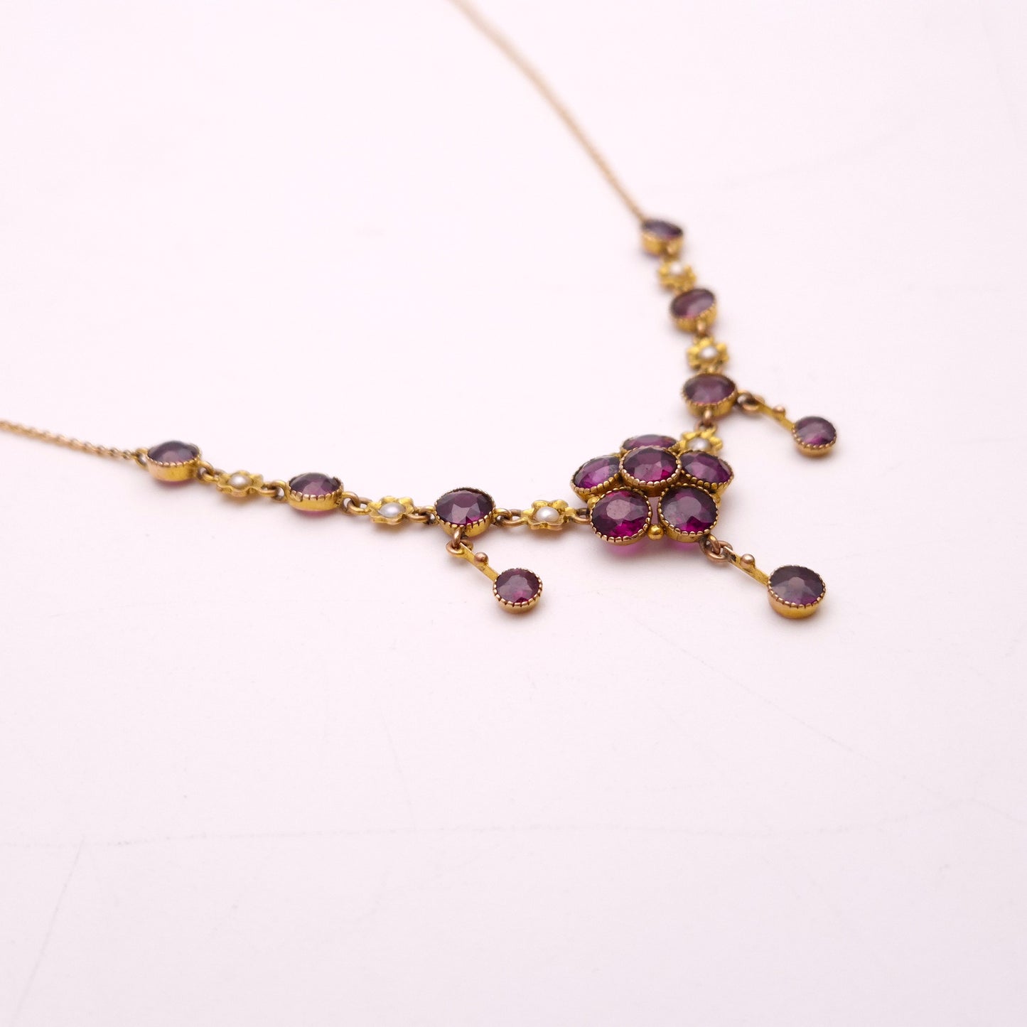 9ct Yellow Gold Antique Garnet and Pearl Flower Floral Necklace