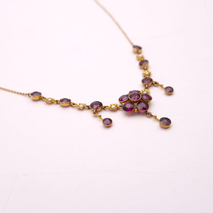 9ct Yellow Gold Antique Garnet and Pearl Flower Floral Necklace