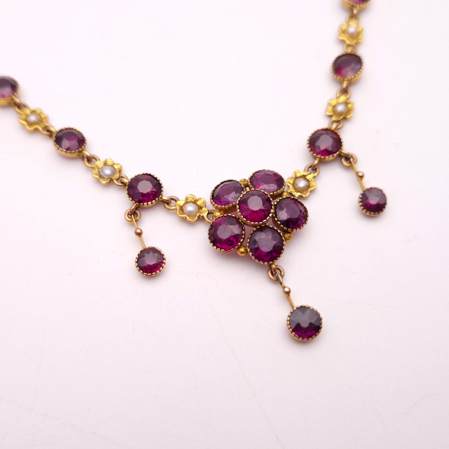 9ct Yellow Gold Antique Garnet and Pearl Flower Floral Necklace