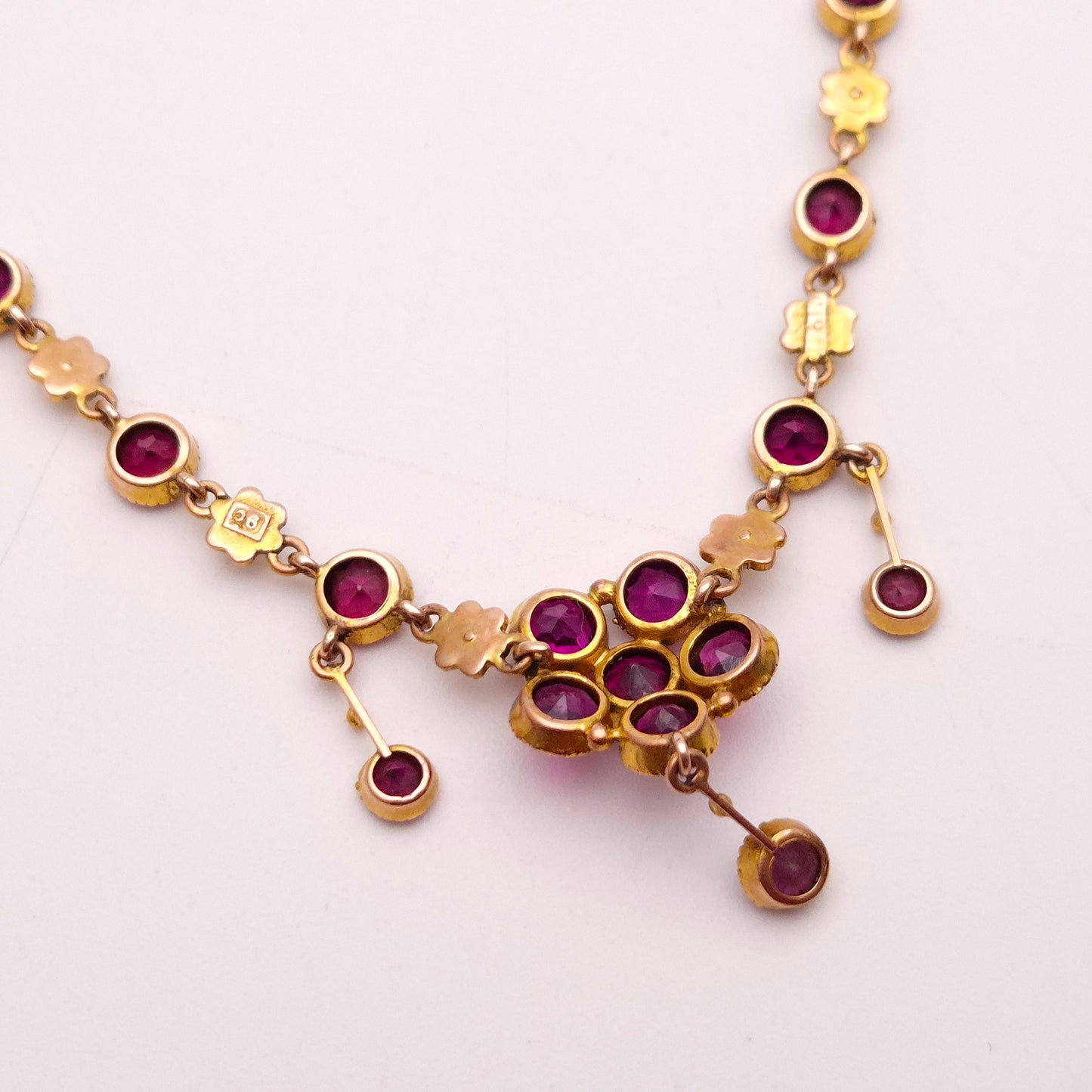 9ct Yellow Gold Antique Garnet and Pearl Flower Floral Necklace