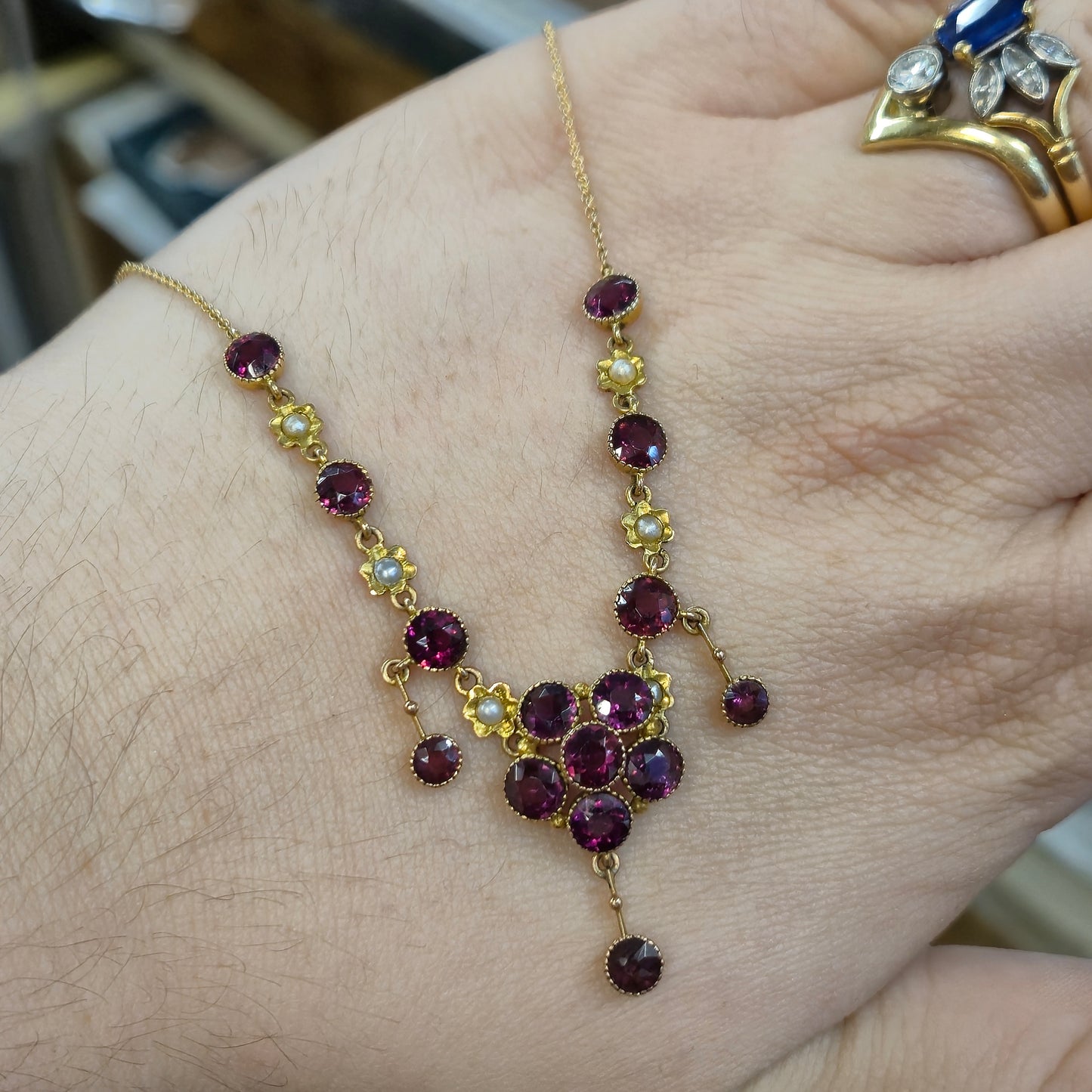9ct Yellow Gold Antique Garnet and Pearl Flower Floral Necklace