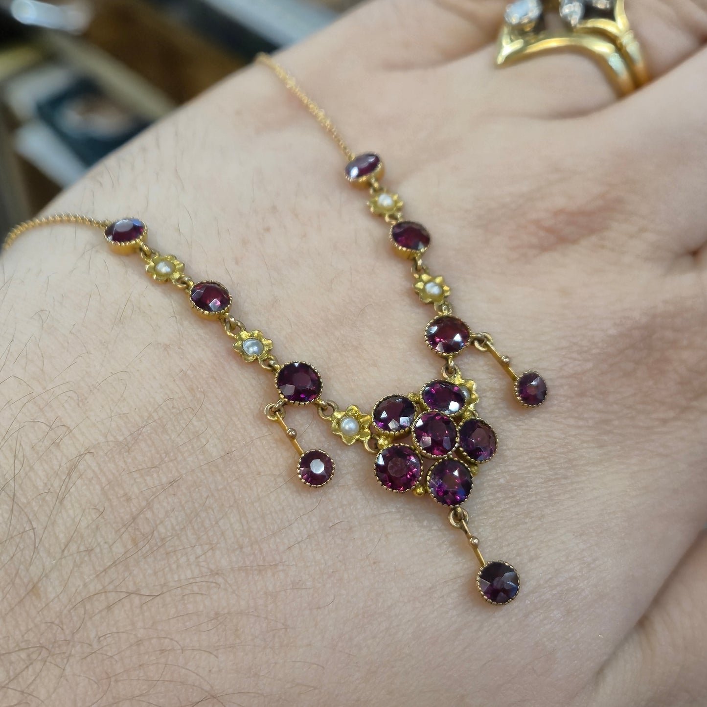 9ct Yellow Gold Antique Garnet and Pearl Flower Floral Necklace