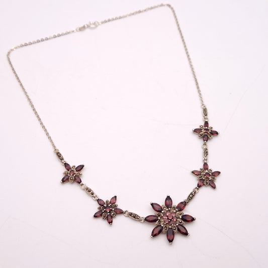 Sterling Silver Garnet and Marcasite Floral Necklace