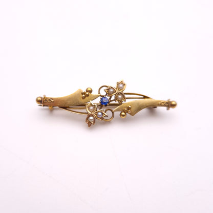 15ct Yellow gold Antique Edwardian Sapphire and Pearl Floral Brooch Chester 1902