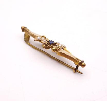 15ct Yellow gold Antique Edwardian Sapphire and Pearl Floral Brooch Chester 1902