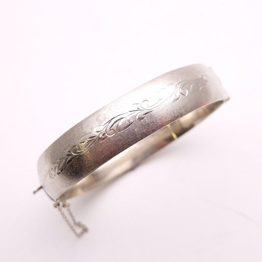Sterling Silver Brushed Effect Half Engraved Patterned Bangle