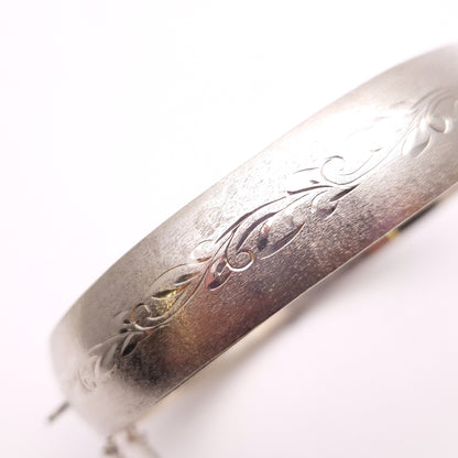 Sterling Silver Brushed Effect Half Engraved Patterned Bangle