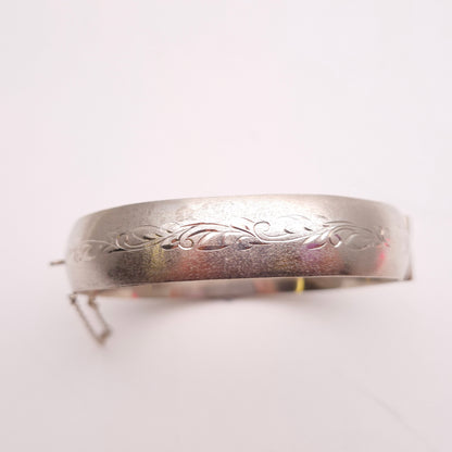 Sterling Silver Brushed Effect Half Engraved Patterned Bangle