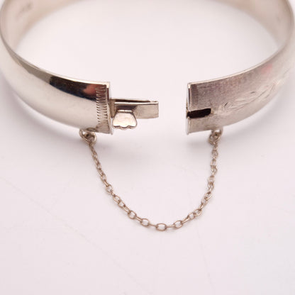 Sterling Silver Brushed Effect Half Engraved Patterned Bangle