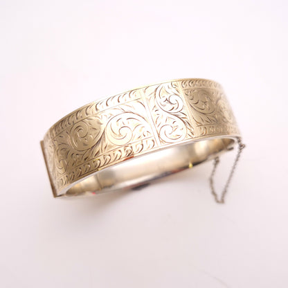 Sterling Silver with 9ct Front Foliate Engraved Patterned Hinged Bangle