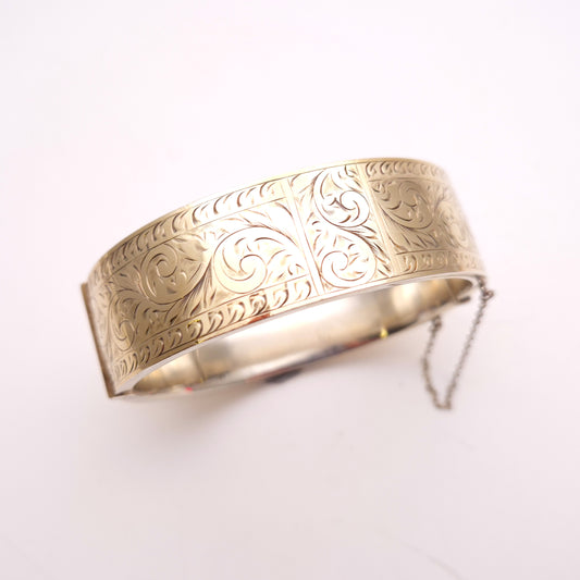 Sterling Silver with 9ct Front Foliate Engraved Patterned Hinged Bangle